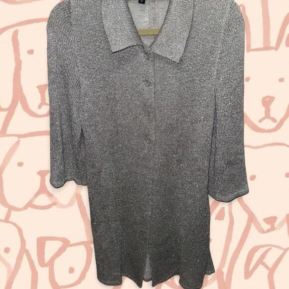 Heidi Hess silver metallic collared long-sleeve knit top.
